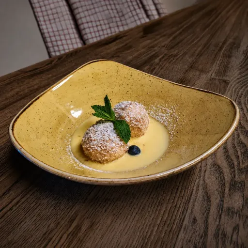 Süße Krapfen mit Puderzucker auf Vanillesauce